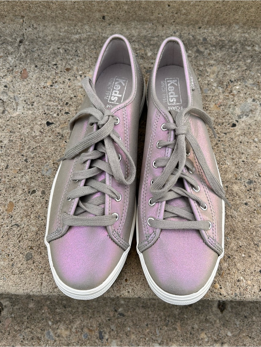 Keds Size 7 Triple Kick Grey Iridescent Leather Lace-Up Platform Sneakers